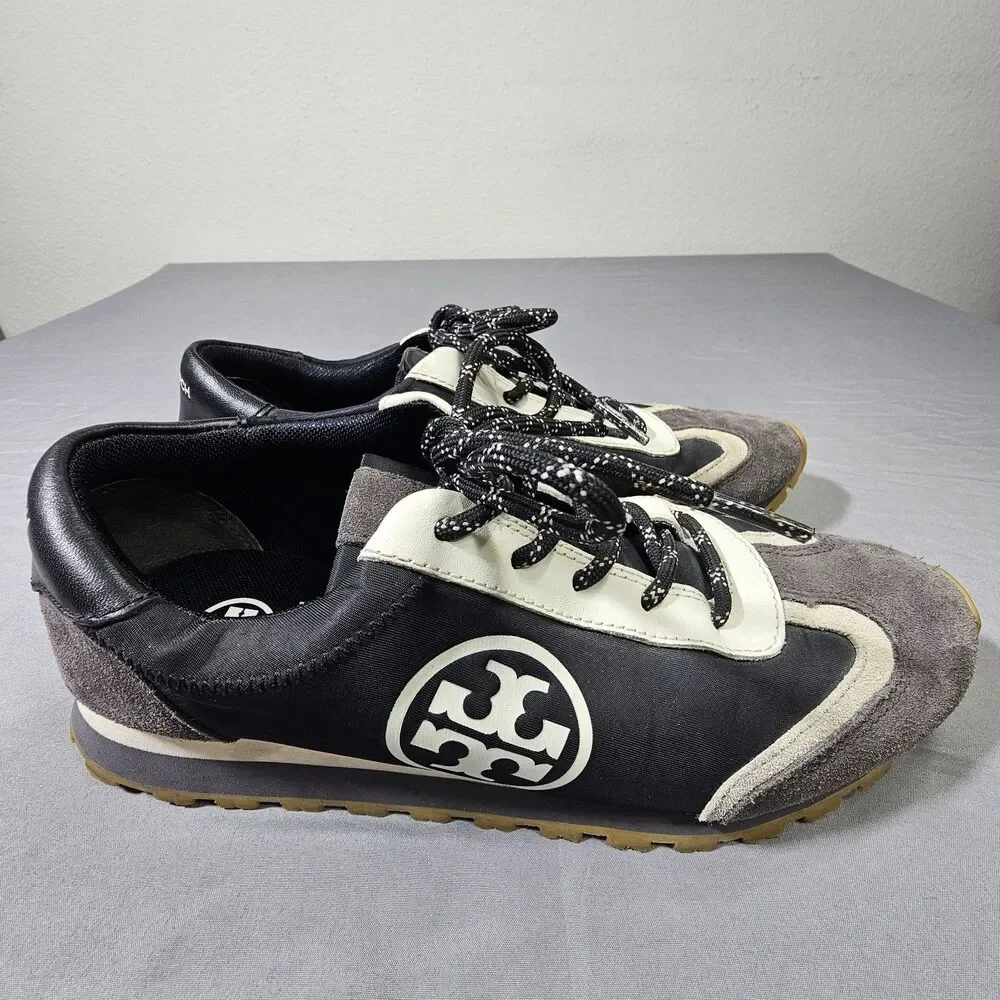 Tory Burch Annie Nylon Runner Sneakers Womens 8 M Black Grey Suede Double T Logo